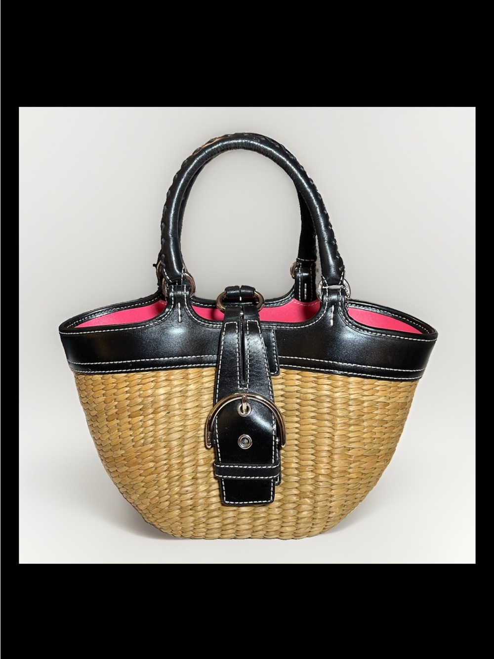 Coach Soho Market Basket Tote, Black Leather Trim, Vibrant Pink Lining RARE 2003